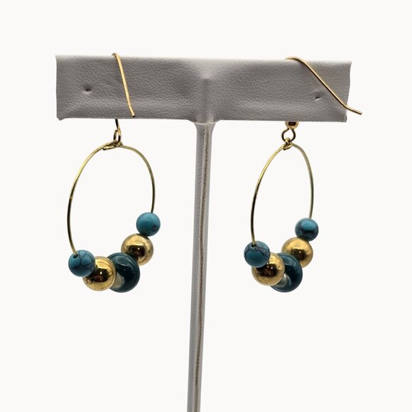 Boho Fairy Retro Party Glam Hoop Beaded Grassy Green Blue Gold Fashion Earrings - Picture 4 of 5